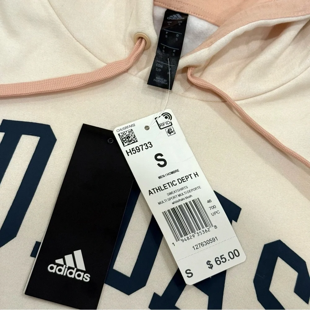 NWT Adidas Men’s Athletic Dept Fleece Hoodie in White/Halo Blush